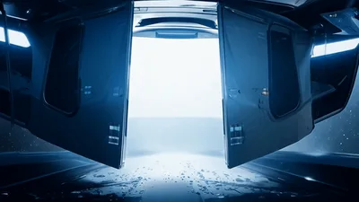 Futuristic Spaceship Airlock Doors Opening to Deep Space
