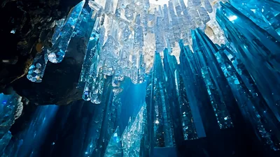 Cinematic Camera Movement Through A Glowing Crystal Cave