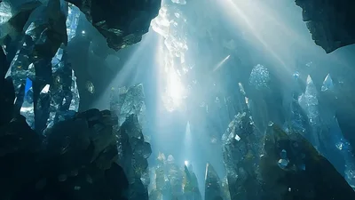 Sunlight Beams Illuminating A Deep Crystal Cave