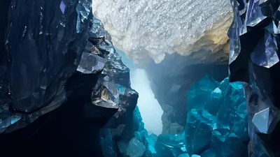 Cinematic Camera Movement Through A Glowing Crystal Cave