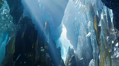 Sunlight Beams Illuminating A Deep Underwater Crystal Cave