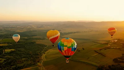 Colorful Hot Air Balloons Floating Over Scenic Rural Landscape