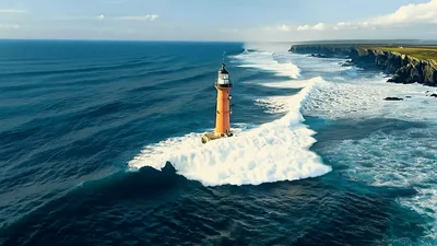 Aerial View Of A Lighthouse Surrounded By Crashing Waves
