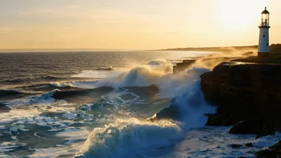 Ocean Waves Crashing Against Rocky Coastline With Lighthouse