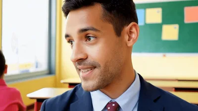 Young Male Teacher Smiling And Waving In Classroom