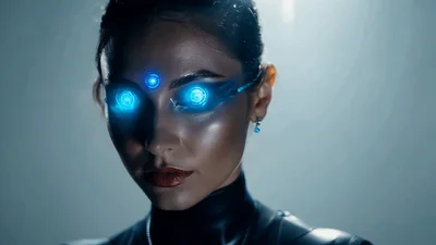 Futuristic Cyborg Woman With Glowing Blue Cybernetic Eyes