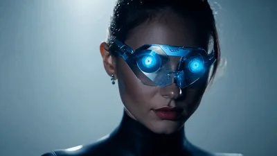 Futuristic Woman Wearing Glowing Cybernetic Tech Glasses