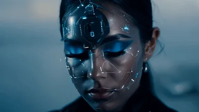 Futuristic Woman With Glowing Cybernetic Facial Interface
