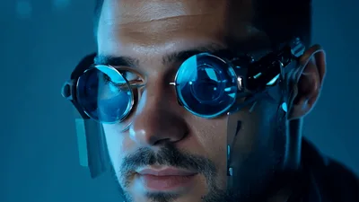 Cybernetic Man Wearing Futuristic Augmented Reality Glasses