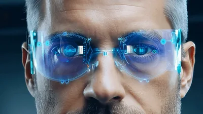 Man Wearing Futuristic Augmented Reality Smart Glasses