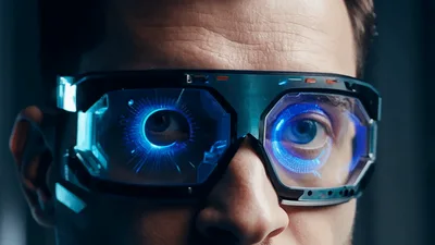 Man Wearing Futuristic Augmented Reality Smart Glasses