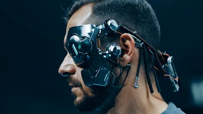 Man Wearing Futuristic Cybernetic Eye Implant Device