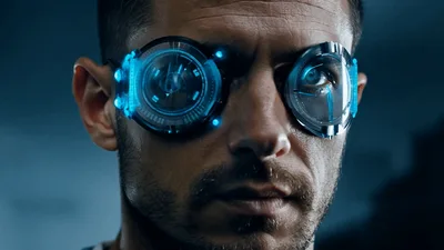 Man Wearing Futuristic Augmented Reality Cybernetic Glasses