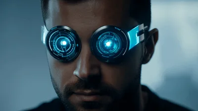 Man Wearing Futuristic Augmented Reality Smart Glasses