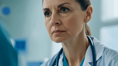 Female Doctor Listening To Patient In Hospital Room