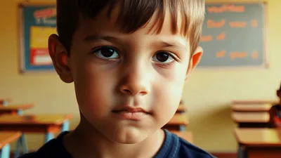 Young Boy Smiling In A Classroom Setting
