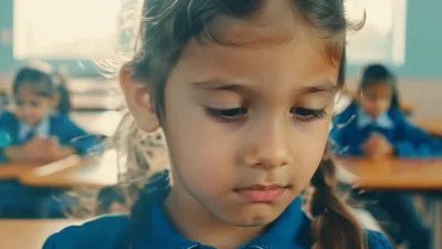 Young Schoolgirl Looking Down Then Smiling In Classroom