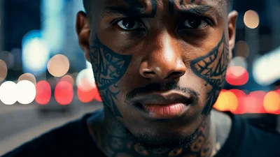 Close Up Portrait Of Man With Facial Tattoos