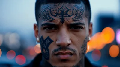 Close Up Portrait Of A Man With Face Tattoos