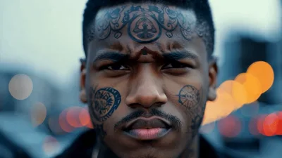 Young Man With Facial Tattoos Staring Intensely