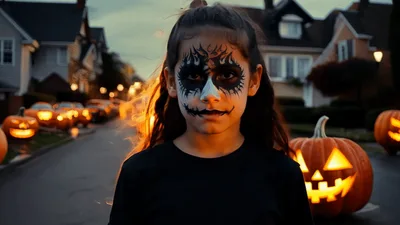 Young Girl With Halloween Face Paint Smiling At Camera