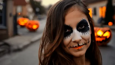 Young Girl With Halloween Makeup Standing Near Glowing Pumpkins