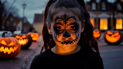 Young Girl With Halloween Face Paint Standing Near Pumpkins