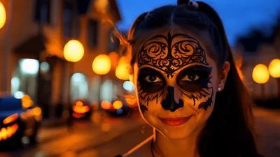 Young Woman With Sugar Skull Makeup Smiling Outdoors