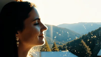 Young Woman Looking Out Window At Mountain Sunset