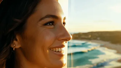 Woman Smiling While Looking Out At Ocean View
