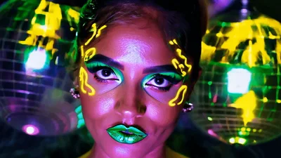Woman With Neon Fluorescent Makeup Posing In Disco