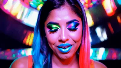 Woman With Vibrant Neon Makeup Looking At Camera