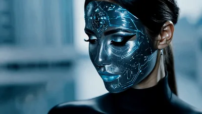 Futuristic Cyborg Woman With Glowing Circuitry Face Mask