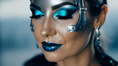 Futuristic Woman With Cybernetic Headpiece And Metallic Makeup