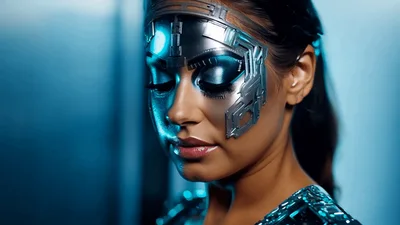 Futuristic Cyborg Woman With Glowing Cybernetic Facial Implants