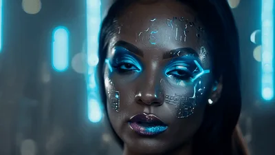 Futuristic Cyborg Woman Opening Eyes With Glowing Circuitry