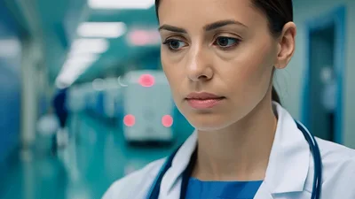 Female Doctor Looking At Tablet In Hospital Corridor