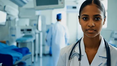 Young Female Doctor Standing In A Busy Hospital Ward