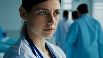 Female Doctor Smiling In A Busy Hospital Corridor