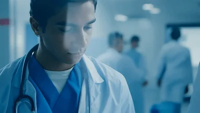 Young Male Doctor Reviewing Medical Records In Hospital Corridor