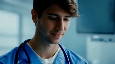 Young Male Doctor Looking Down In Hospital Setting