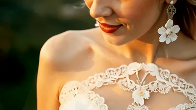 Beautiful Bride Smiling In Elegant Wedding Dress