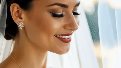 Beautiful Bride Smiling Softly In Wedding Veil