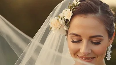 Beautiful Bride Smiling Under Her Flowing Wedding Veil