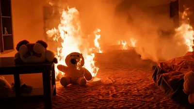 Teddy Bear Sitting In A Burning Bedroom