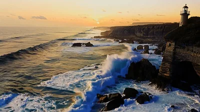 Powerful Ocean Waves Crashing Against Rocky Lighthouse Coastline