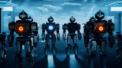 Futuristic Robots Standing In A High Tech Facility