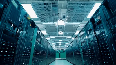 Modern Data Center Server Room With Glowing Lights