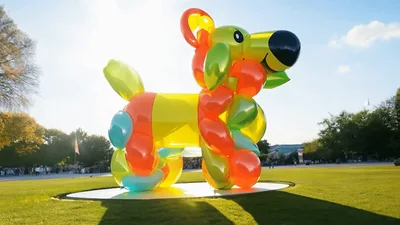 Large Inflatable Balloon Dog Sculpture Standing In Public Park