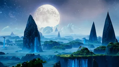Surreal Alien Landscape With Glowing Waterfalls Under Full Moon